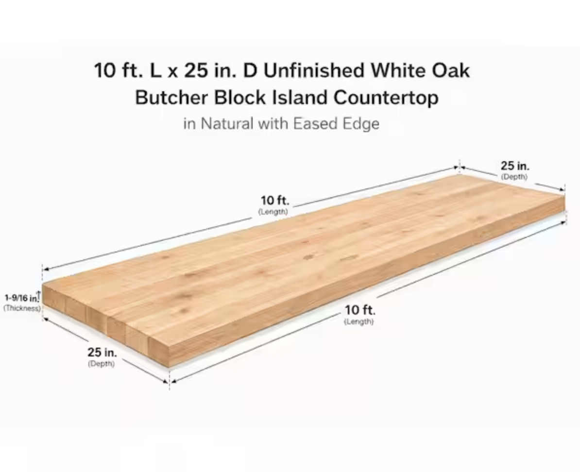 120 in. L x 25 in. D x 1-9/16 in. Unfinished White Oak Butcher Block Standard Countertop in Brown with Eased Edge