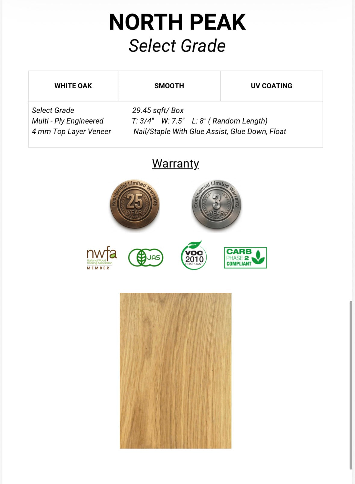 North Peak European White Oak 3/4* x 7-1/2" x 2'-9' with 4mm Top Layer S&B (35.39 SF/Bundle) - ShippingFloors