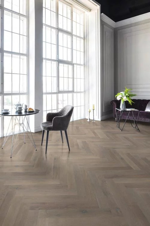Herringbone Brittany Engineered Hardwood Flooring 4.7" x 33" Planks, 9/16" Thick, Warm Grey, UV Oil/Urethane Finish