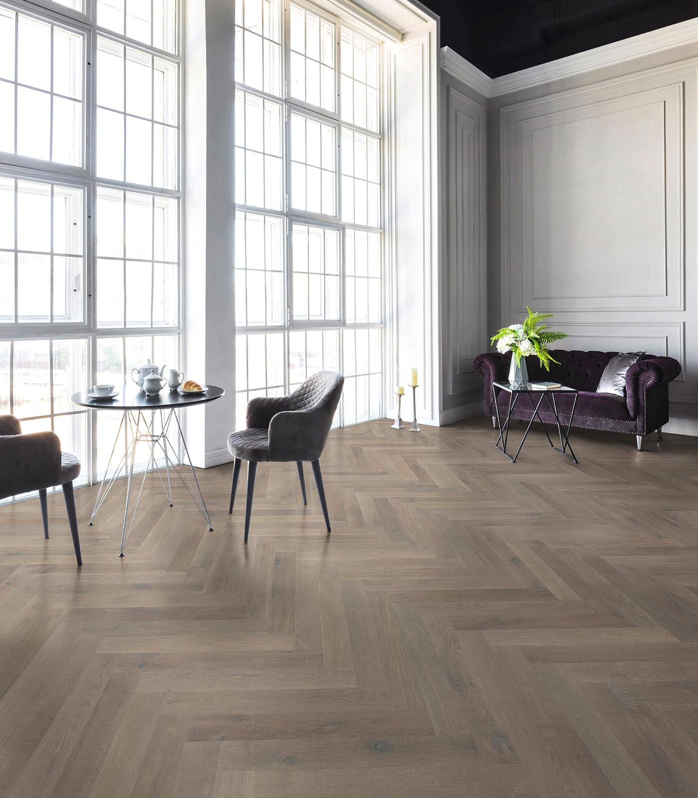 Herringbone Brittany Engineered Hardwood Flooring 4.7" x 33" Planks, 9/16" Thick, Warm Grey, UV Oil/Urethane Finish