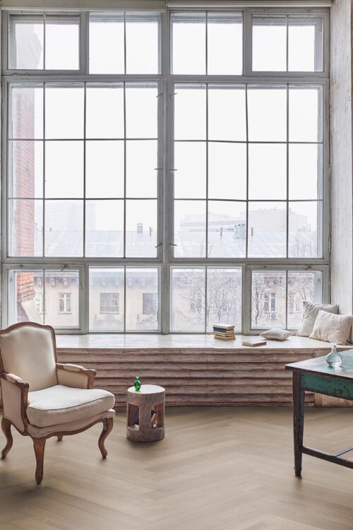 Herringbone Verbier Engineered European Oak Flooring, 4.7" x 33" Planks, 9/16" Thick, Warm Grey, UV Oil or Urethane Finish