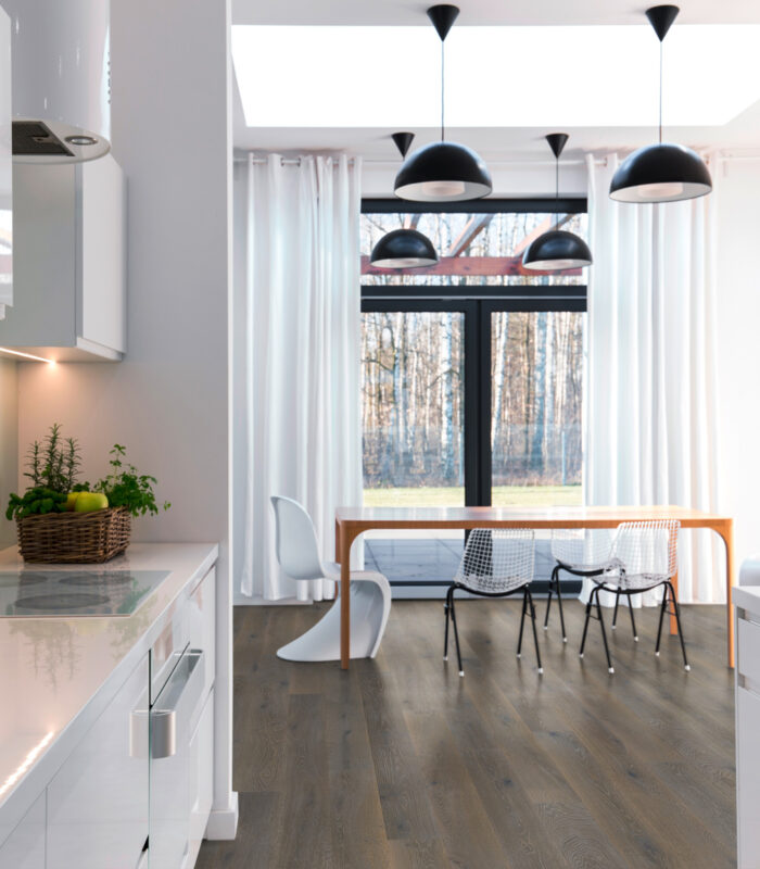 Tip Top Grey Brushed Western European Oak Engineered Hardwood Floor, 7.5"–11.5" Wide, 72"–96" Long, 9/16"–7/8" Thick