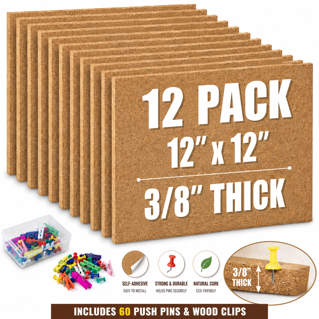 Corkèra Cork Board Bulletin Board 12x12, 3/8