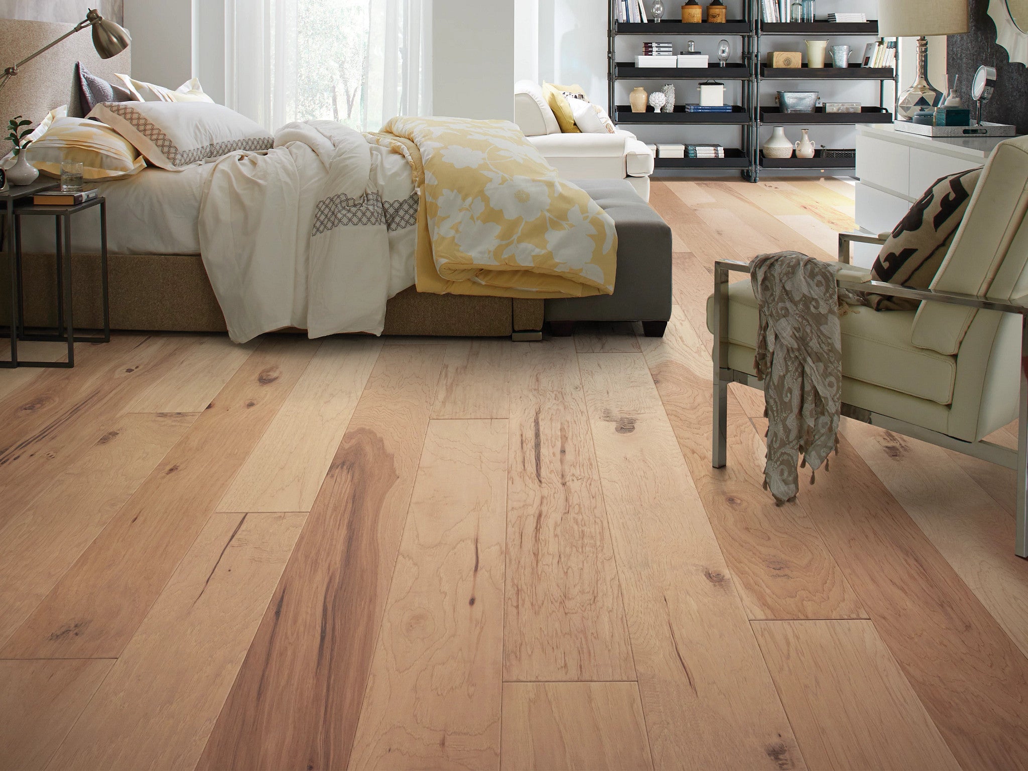 Pebble Hill 6-3/8" Linen Hickory Engineered Hardwood Flooring, 3/8" Thick, Hand-Scraped, Water-Resistant Finish - ShippingFloors