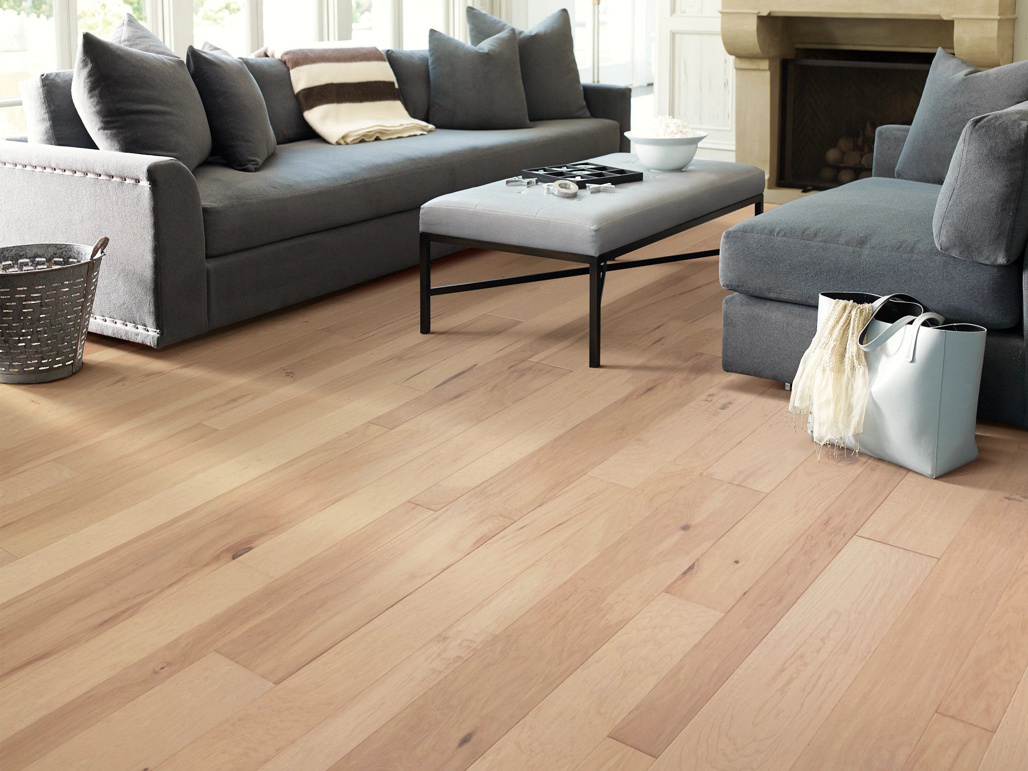 Pebble Hill Linen Engineered Hickory Hardwood Flooring - Mixed Width Planks (10"), 3/8" Thick, Water-Resistant Repel Finish