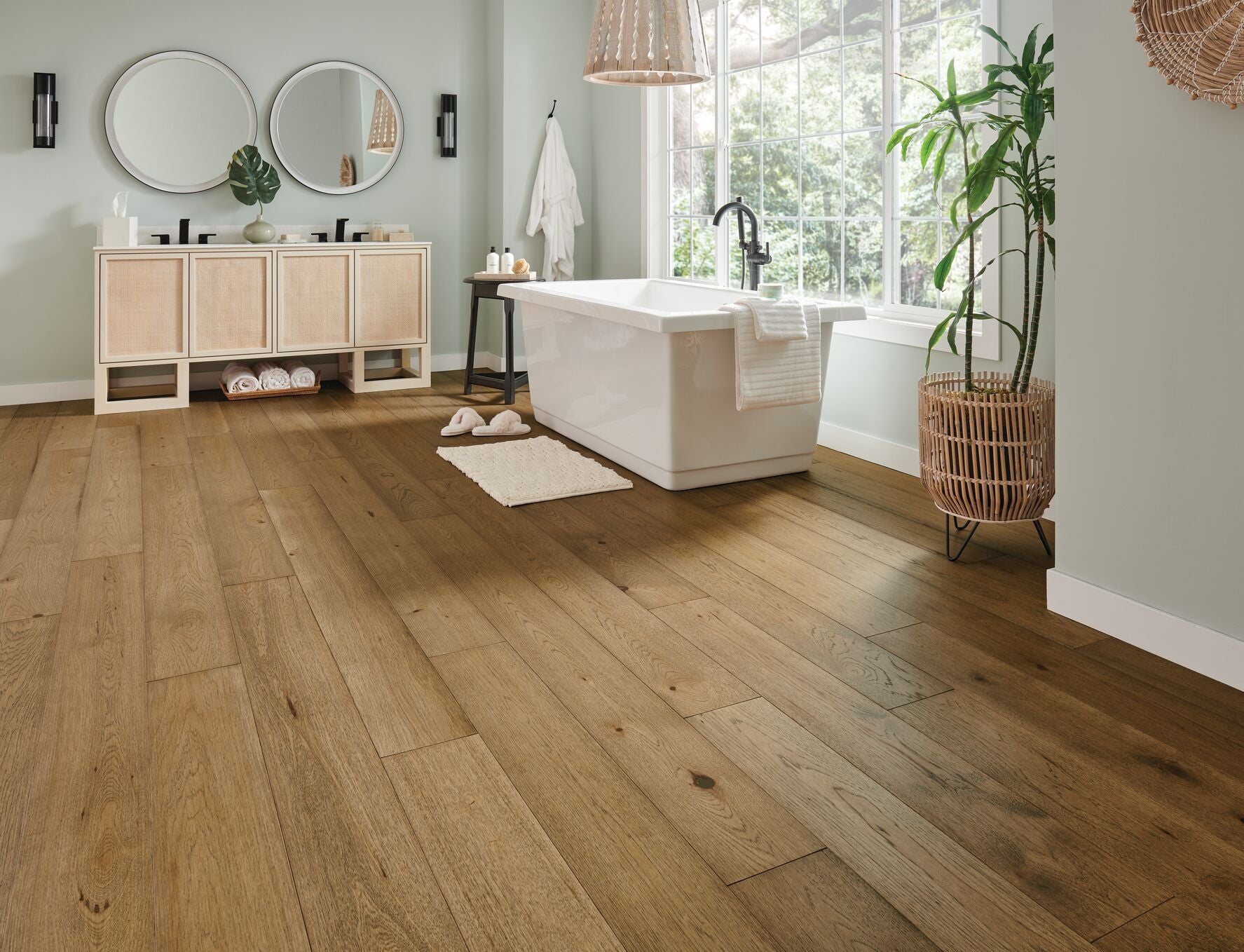 Calming Tea Hickory Engineered Hardwood Flooring - 7-7/16" Wide Planks, Wire Brushed, Low Gloss Finish, 15.54 sq ft/box - ShippingFloors