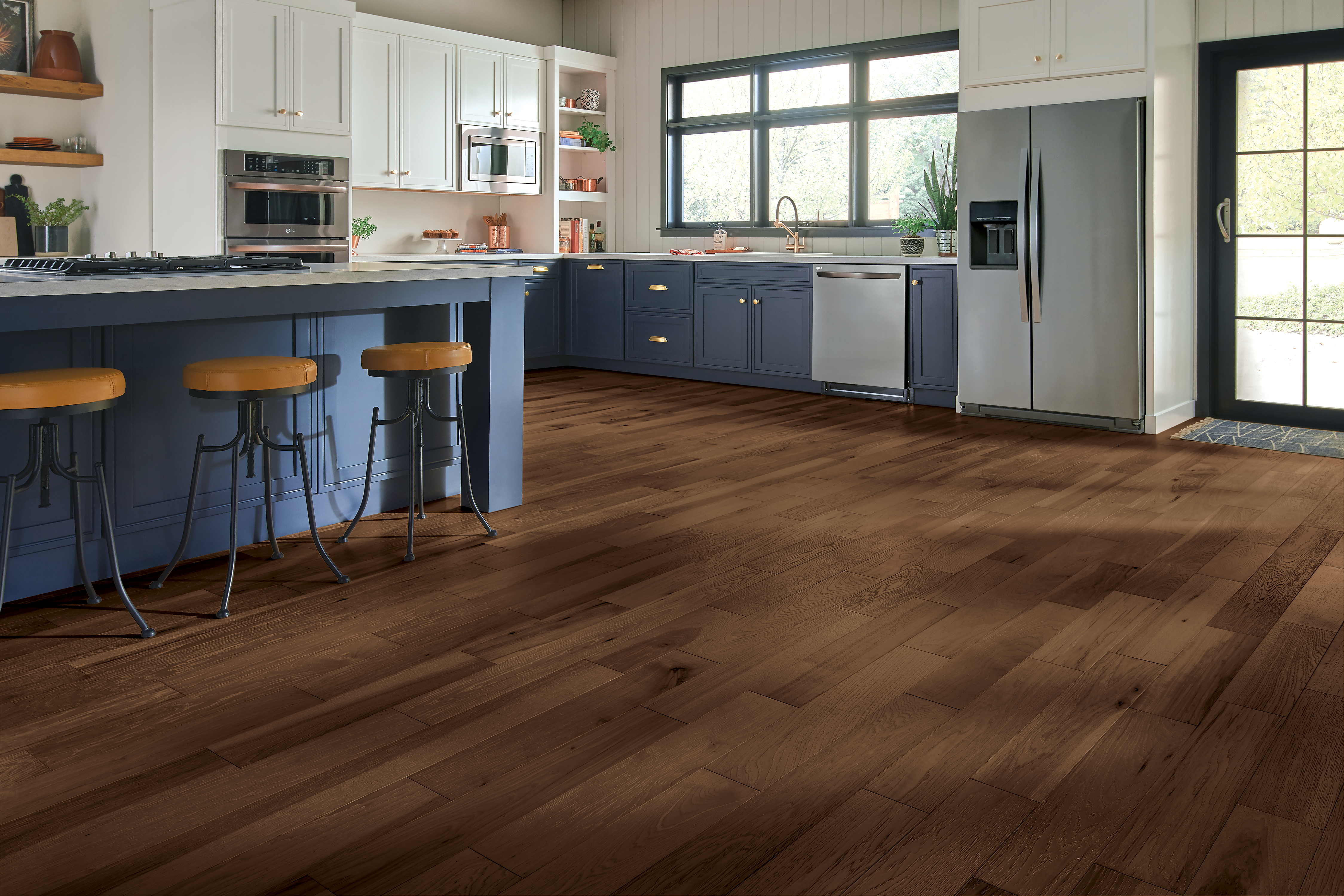 Hydropel Medium Brown 5" Wide Hickory Engineered Hardwood Flooring - 7/16" Thick, Wire Brushed, Micro Beveled Edges